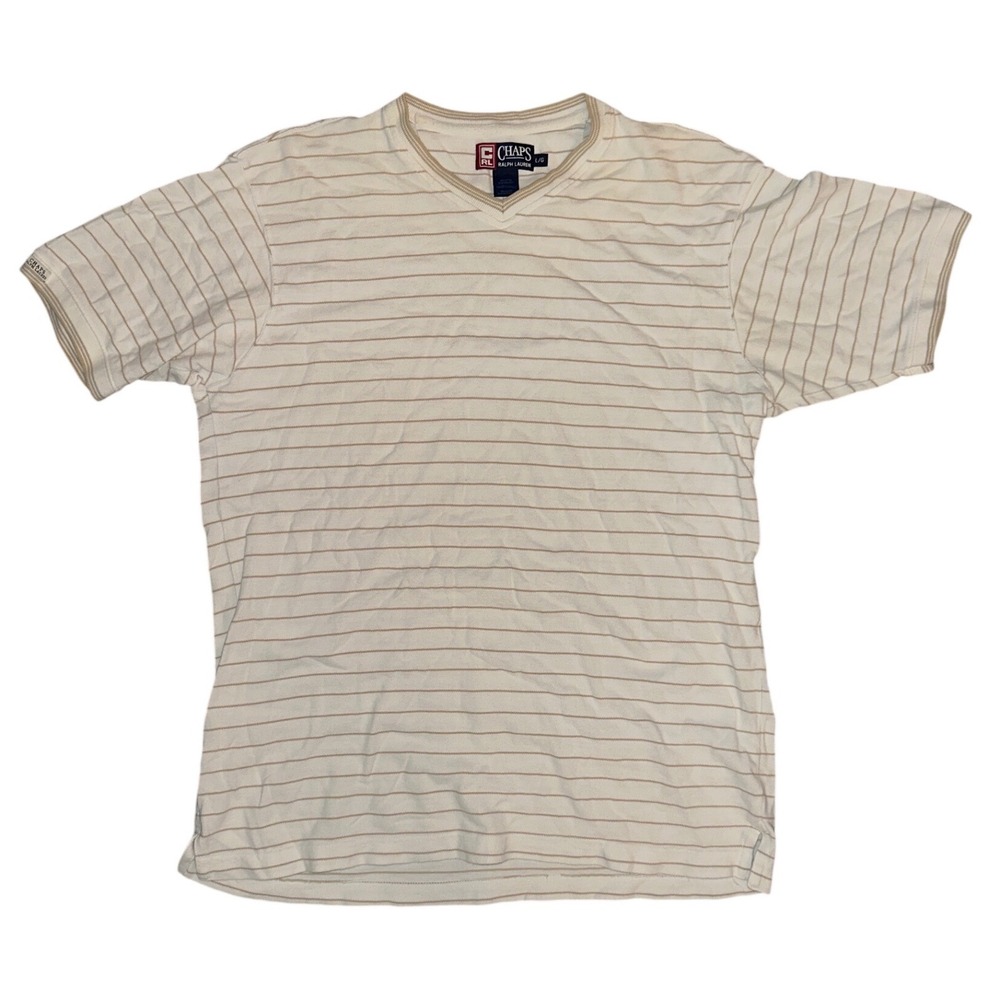 Chaps Ralph Lauren Mens V-Neck T-Shirt Large Cream Tan Striped Cotton Pique